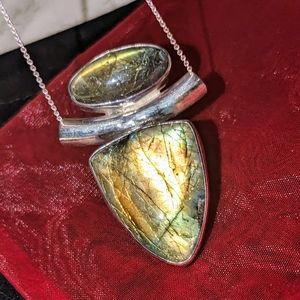 Double Labradorite Semi-Precious Gemstone Necklace Pendant .925 Sterling Silver
